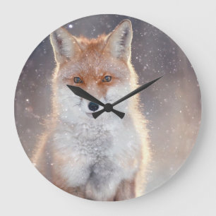 Grande Horloge Ronde Renard rouge, forêt d'hiver, illustration pittores