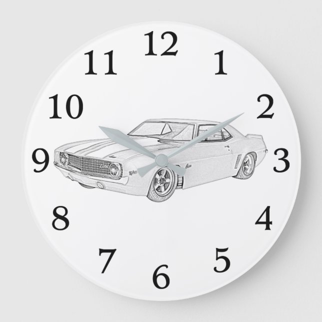 Grande Horloge Ronde Rendu Camaro noir et blanc 1969 Chevy (Recto)