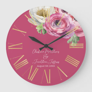 Grande Horloge Ronde Renoncule rose aquarelle romantique sur fond rose