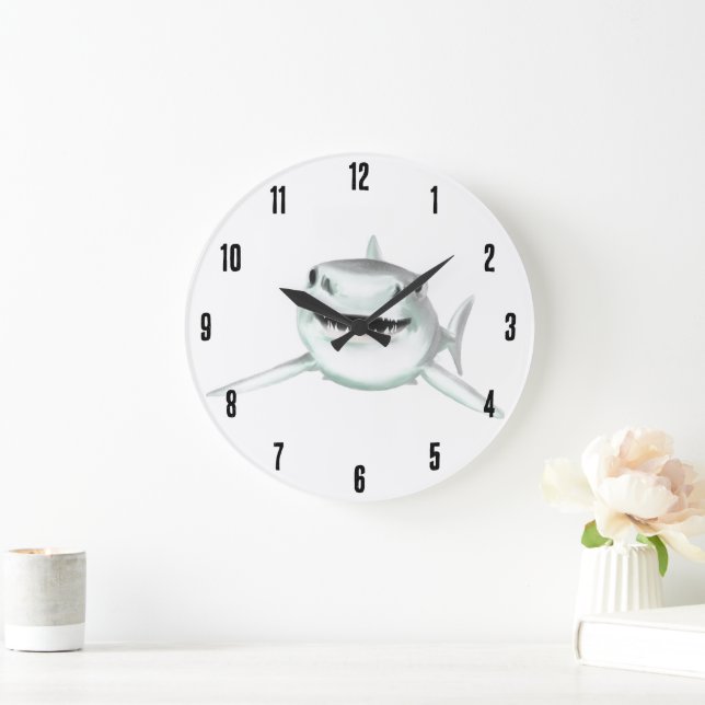 Grande Horloge Ronde requin d'aquarelle souriant gris vert vert animal  (Maison)