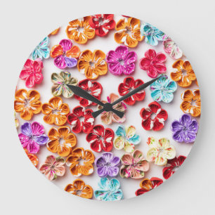 Grande Horloge Ronde Ressort tissu cousu artisanal Fleurs Multicolor