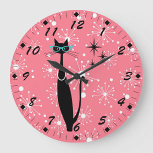 Grande Horloge Ronde Retro Atomique Moyen Siècle Moderne MCM Chat noir