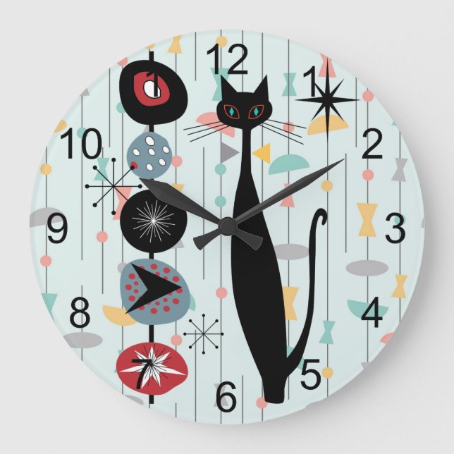 Grande Horloge Ronde Retro Atomique Moyen Siècle Moderne MCM Cool Chat  (Recto)