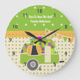 Grande Horloge Ronde Rétro Campervan Lime Orange Shabby Chic Polkadot