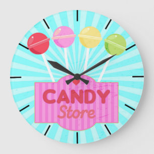 Grande Horloge Ronde Retro Candy Store Pastel Coloured Lollipops Design