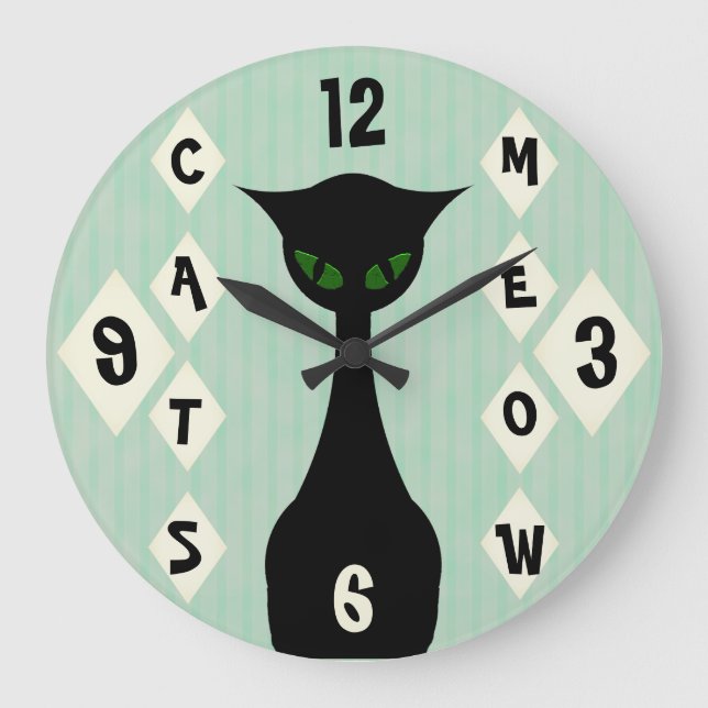 Grande Horloge Ronde Retro Cats Meow Midcentury Green (Recto)