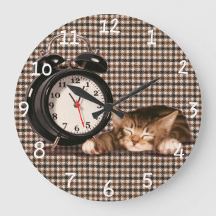 Grande Horloge Ronde Rétro chaton de pied-de-poule