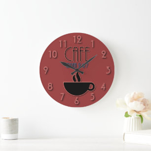 Grande Horloge Ronde Retro Faux Neon Café Open 24 7 Rouge et Bleu