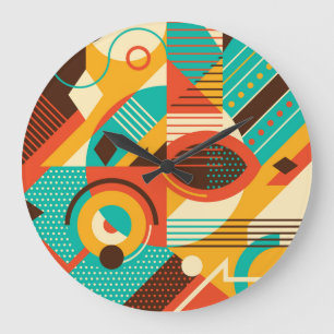 Grande Horloge Ronde Rétro géométrique coloré : abstraction vintage.