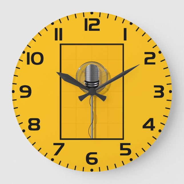 Grande Horloge Ronde Retro Microphone on Bold Yellow (Recto)