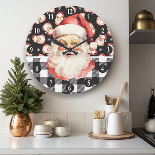 Grande Horloge Ronde Rétro Père Noël à carreaux noirs et blancs de Noël