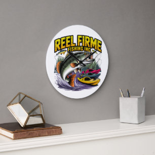 Grande Horloge Ronde Rétro "Reel Firme Fishing Inc" Mur de Bass et Kaya
