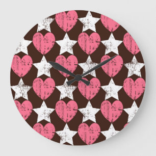 Grande Horloge Ronde Retro Threadbare Hearts Stars Texture