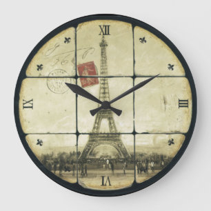 Grande Horloge Ronde Rétro Tour Eiffel vintage Fleur De Lis Design
