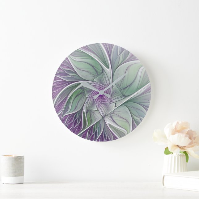 Grande Horloge Ronde Rêve de fleurs, Abstrait violet vert Fractal Art (Maison)