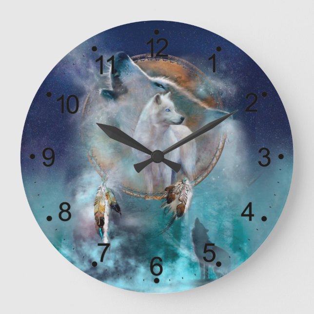 Grande Horloge Ronde Rêveur indien et loup à tête ethnique (Recto)