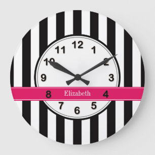 Grande Horloge Ronde Ribbon de framboise noir blanc Nom Monogramme