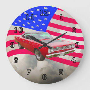 Grande Horloge Ronde Roadrunner 1968 de Plymouth et drapeau américain