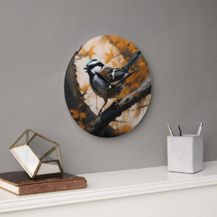 Grande Horloge Ronde Robin Dans Une Peinture À Huile D'Arbre,