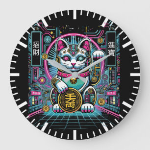 Grande Horloge Ronde Robot Cyberpunk Maneki Neko Chat Lucky, Argent