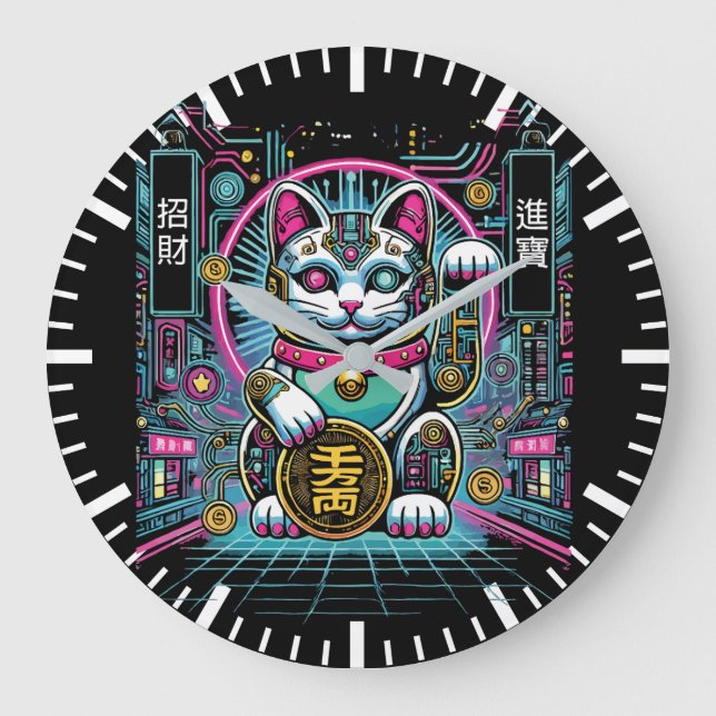 Grande Horloge Ronde Robot Cyberpunk Maneki Neko Chat Lucky, Argent (Recto)