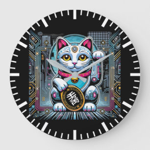 Grande Horloge Ronde Robot Cyberpunk Maneki Neko Chat Lucky, Argent
