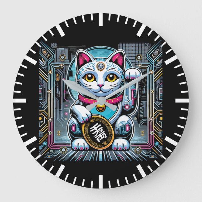 Grande Horloge Ronde Robot Cyberpunk Maneki Neko Chat Lucky, Argent (Recto)
