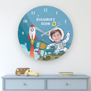 Grande Horloge Ronde Rocket Astronaut Space Suit Custom Photo Kids Room