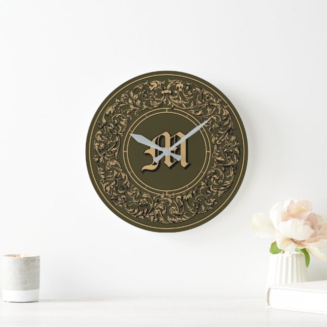 Grande Horloge Ronde Rococo baroque Floral Wreath Monogramme Imprimer (Maison)