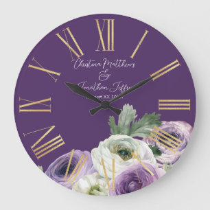 Grande Horloge Ronde Romantic Watercolor Ranunculus on Dark Purple