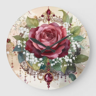 Grande Horloge Ronde Romantique Élégant Victorien Rose Rouge et Rubis