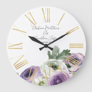 Grande Horloge Ronde Romantique Ranunculus Blanc & Violet à l'aquarelle