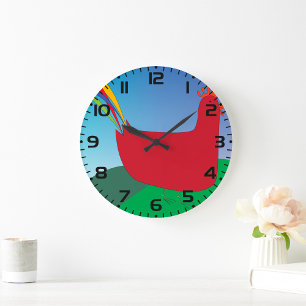 Grande Horloge Ronde Rooster rouge coloré avec Rainbow Tail sur Hill