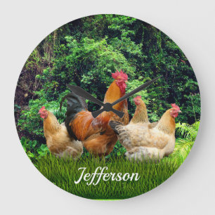 Grande Horloge Ronde Rooster rouge et poules