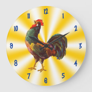 Grande Horloge Ronde Rooster Vintage Art on Yellow White Kitchen Clock