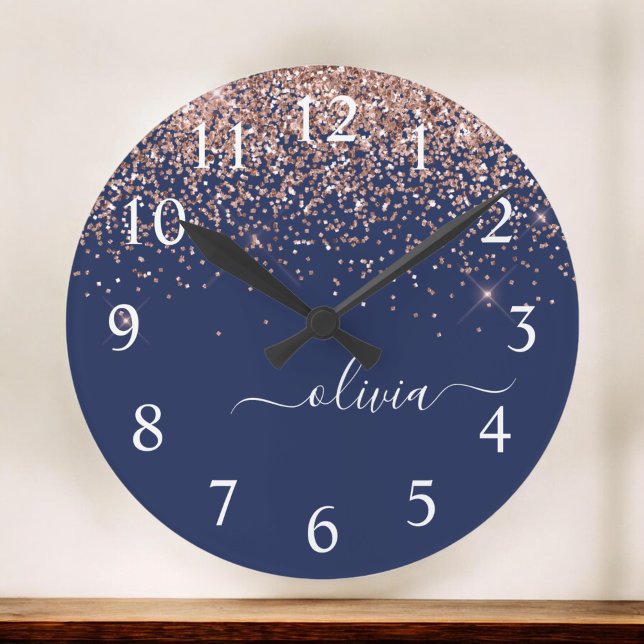 Grande Horloge Ronde Rose bleu marine Gold Blush Pink Parties scintilla (Créateur téléchargé)