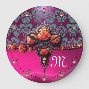 GRANDE HORLOGE RONDE ROSE BLEUE FUCHSIA DAMASK MONOGRAM