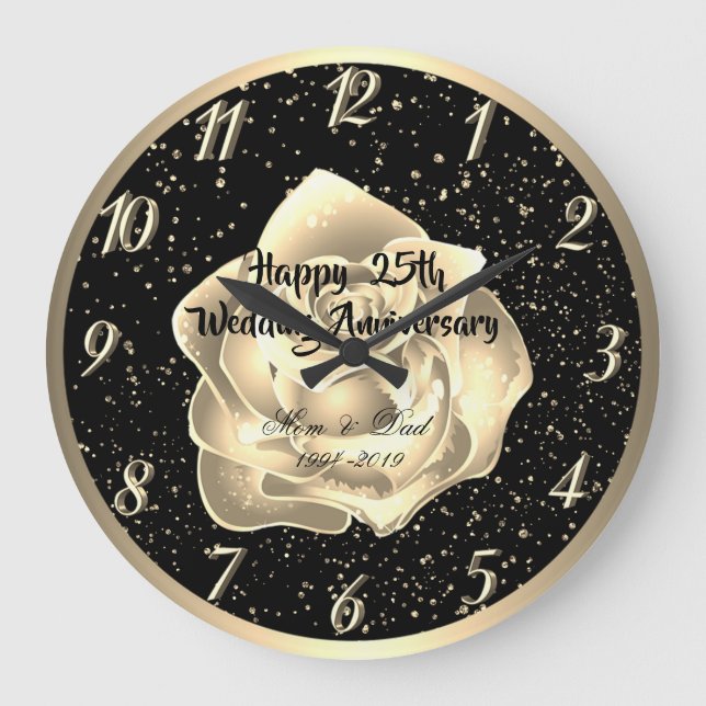 Grande Horloge Ronde Rose d'or Confetti 25e anniversaire Mariage (Recto)