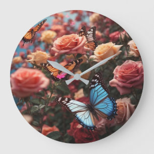 Grande Horloge Ronde Rose et papillons