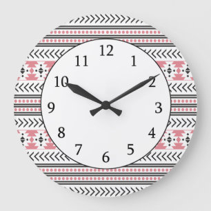 Grande Horloge Ronde Rose géométrique de motif d'impression tribal