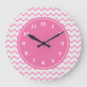 Grande Horloge Ronde Rose Girly de motif moderne de Chevron
