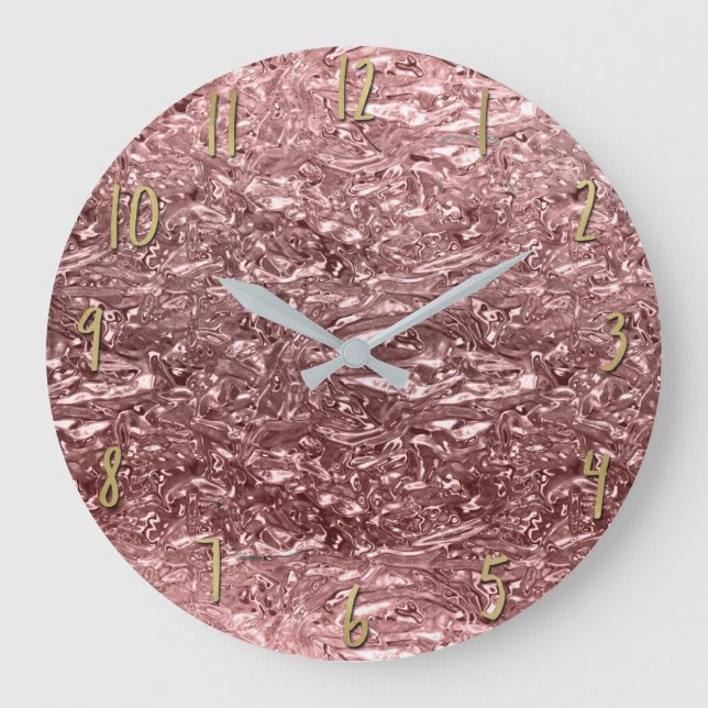 Grande Horloge Ronde Rose Gold Chrome Liquide Métallisé Chic Glam (Recto)
