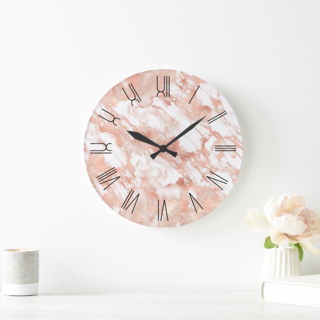 Grande Horloge Ronde Rose Gold Glam Marbre Rétro Numéros romains (Maison)