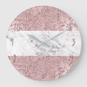 Grande Horloge Ronde Rose Gold Moderne Glam Marbre & Paillettes Décorat