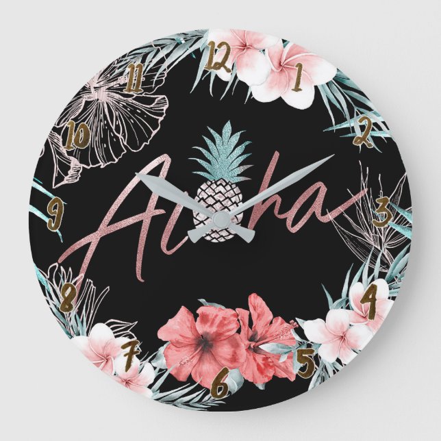 Grande Horloge Ronde Rose Gold Tropical Pineapple Botanical Aloha Chic (Recto)