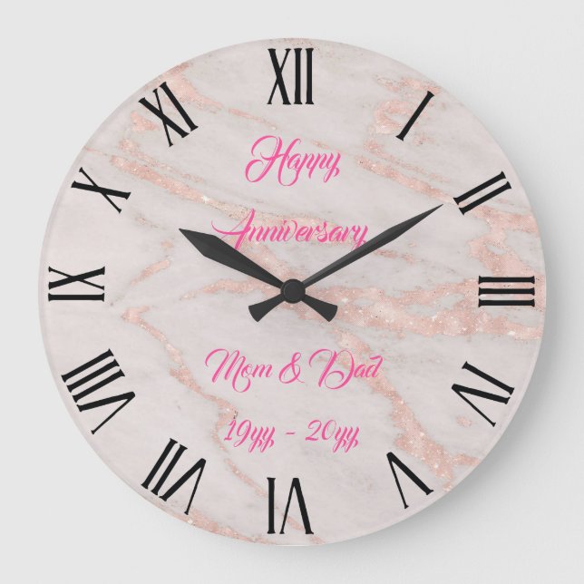 Grande Horloge Ronde Rose Luxueux Rose Blush Paillettes Marbre Personna (Recto)
