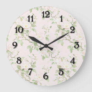 Grande Horloge Ronde Rose Pâle Blanc Floral Romantique
