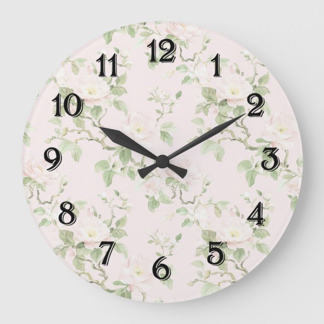 Grande Horloge Ronde Rose Pâle Blanc Floral Romantique (Recto)