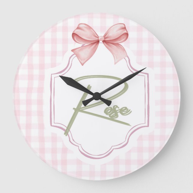 Grande Horloge Ronde Rose personnalisé Baby Girl Nursery Bow&En vichy (Recto)