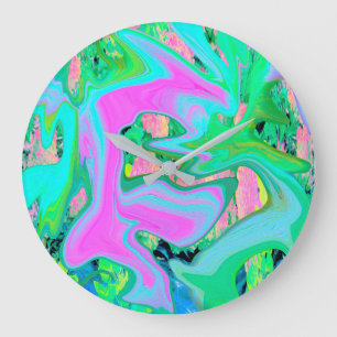 Grande Horloge Ronde Rose Rétro et Liquide Art Bleu Clair sur Hydrangea